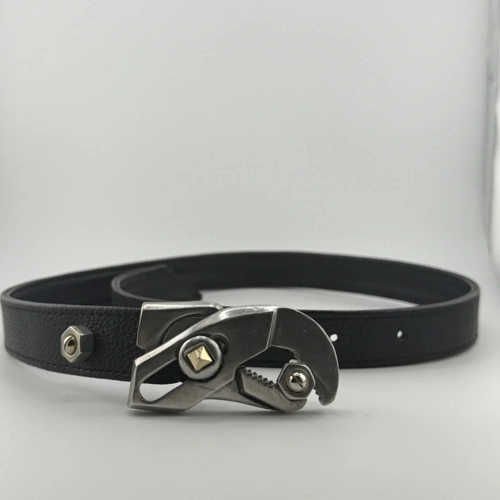 Black Leather Belt Industrial Tool Buckle Silver Hardware Adjustable Waist Belt